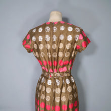 Load image into Gallery viewer, 60s CARNEGIE BROWN AND PINK CIRCLE PRINT WIGGLE DRESS - S