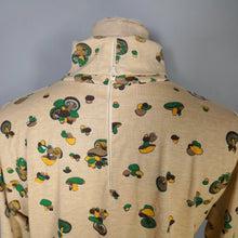 Load image into Gallery viewer, 70s BEIGE ROLL NECK JERSEY TOP WITH MUSHROOM NOVELTY PRINT - S-M