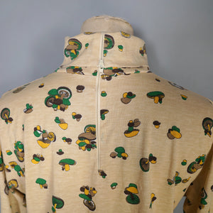 70s BEIGE ROLL NECK JERSEY TOP WITH MUSHROOM NOVELTY PRINT - S-M