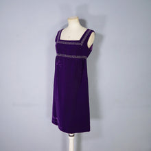 Load image into Gallery viewer, 60s BLANES PURPLE VELVET EMPIRE MINI MOD DRESS WITH RHINESTONES - XS