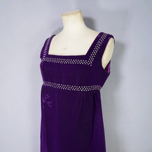 Load image into Gallery viewer, 60s BLANES PURPLE VELVET EMPIRE MINI MOD DRESS WITH RHINESTONES - XS