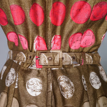 Load image into Gallery viewer, 60s CARNEGIE BROWN AND PINK CIRCLE PRINT WIGGLE DRESS - S