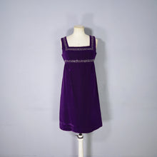 Load image into Gallery viewer, 60s BLANES PURPLE VELVET EMPIRE MINI MOD DRESS WITH RHINESTONES - XS