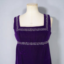 Load image into Gallery viewer, 60s BLANES PURPLE VELVET EMPIRE MINI MOD DRESS WITH RHINESTONES - XS