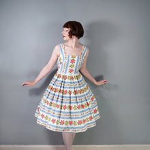 Load image into Gallery viewer, 50s 60s BLUE STRIPE AND ROSE TEXTURED COTTON DAY DRESS - XS-S / petite fit