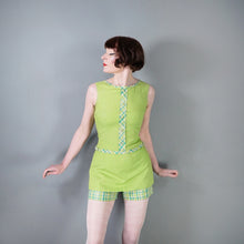 Load image into Gallery viewer, 60s LIME GREEN PLAID TRIM ROMPER MINI MOD DRESS - S