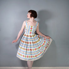 Load image into Gallery viewer, 50s 60s BLUE STRIPE AND ROSE TEXTURED COTTON DAY DRESS - XS-S / petite fit