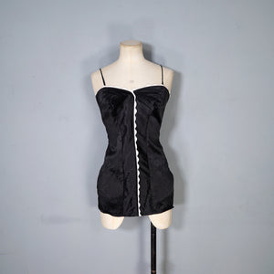 40s 50s SHIRRED BLACK SATIN SWIMSUIT - L / volup