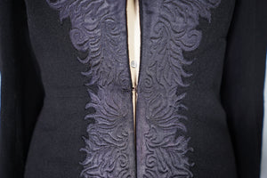 HARRODS BLACK 40s WOOL CREPE COAT WITH QUILT STITCHED SATIN PLACKET - S-M