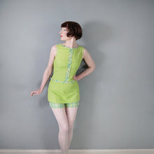 Load image into Gallery viewer, 60s LIME GREEN PLAID TRIM ROMPER MINI MOD DRESS - S