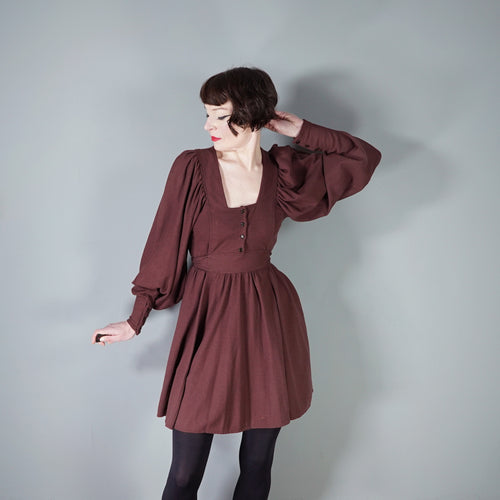 JEFF BANKS 70s BROWN WOOL BALLOON SLEEVE MINI SKATER DRESS - M