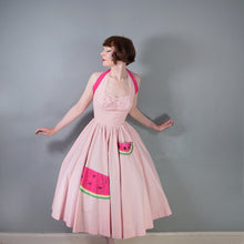 Load image into Gallery viewer, 50s PASTEL PINK COTTON HALTER FULL CIRCL DRESS WITH WATERMELON APPLIQUES - S