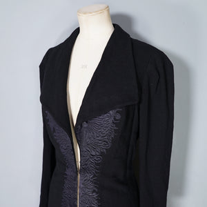 HARRODS BLACK 40s WOOL CREPE COAT WITH QUILT STITCHED SATIN PLACKET - S-M