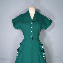 Load image into Gallery viewer, 40s GREEN TEXTURED COTTON SHIRT DRESS WITH POCKETS AND BUTTONS - S