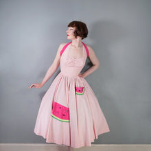 Load image into Gallery viewer, 50s PASTEL PINK COTTON HALTER FULL CIRCL DRESS WITH WATERMELON APPLIQUES - S