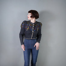 Load image into Gallery viewer, 80s TYROLEAN / AUSTRIAN PETROL BLUE FLORAL EMBROIDERED PUFF SLEEVE CARDIGAN - XS-S