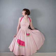 Load image into Gallery viewer, 50s PASTEL PINK COTTON HALTER FULL CIRCL DRESS WITH WATERMELON APPLIQUES - S