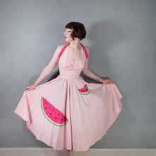 Load image into Gallery viewer, 50s PASTEL PINK COTTON HALTER FULL CIRCL DRESS WITH WATERMELON APPLIQUES - S