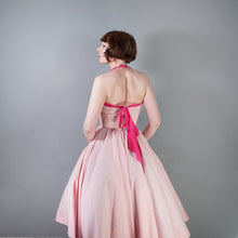 Load image into Gallery viewer, 50s PASTEL PINK COTTON HALTER FULL CIRCL DRESS WITH WATERMELON APPLIQUES - S