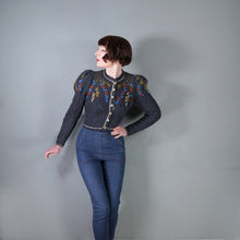 Load image into Gallery viewer, 80s TYROLEAN / AUSTRIAN PETROL BLUE FLORAL EMBROIDERED PUFF SLEEVE CARDIGAN - XS-S