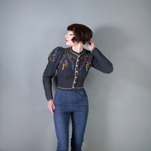 Load image into Gallery viewer, 80s TYROLEAN / AUSTRIAN PETROL BLUE FLORAL EMBROIDERED PUFF SLEEVE CARDIGAN - XS-S
