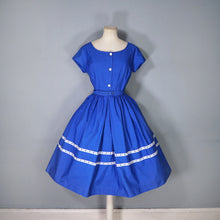 Load image into Gallery viewer, 50s 60s "LAVINIA" BOLD BLUE SHIRTWAISTER DAY DRESS WITH RIBBON TRIM - S