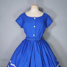 Load image into Gallery viewer, 50s 60s "LAVINIA" BOLD BLUE SHIRTWAISTER DAY DRESS WITH RIBBON TRIM - S