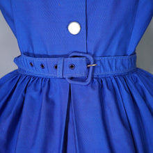 Load image into Gallery viewer, 50s 60s "LAVINIA" BOLD BLUE SHIRTWAISTER DAY DRESS WITH RIBBON TRIM - S