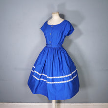 Load image into Gallery viewer, 50s 60s "LAVINIA" BOLD BLUE SHIRTWAISTER DAY DRESS WITH RIBBON TRIM - S