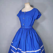 Load image into Gallery viewer, 50s 60s "LAVINIA" BOLD BLUE SHIRTWAISTER DAY DRESS WITH RIBBON TRIM - S