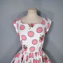 Load image into Gallery viewer, 50s PINK DOT AND FLORAL TEXTURED COTTON FULL SKIRTED DAY DRESS - S