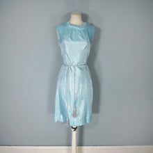 Load image into Gallery viewer, 60s ICE BLUE AND SILVER POLKA DOT METALLIC WIGGLE DRESS - XS