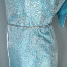 Load image into Gallery viewer, 60s ICE BLUE AND SILVER POLKA DOT METALLIC WIGGLE DRESS - XS