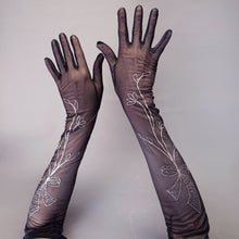 Load image into Gallery viewer, BLACK GOTHIC SHEER MESH EVENING OPERA GLOVES WITH SILVER BOW EMBROIDERY - 6