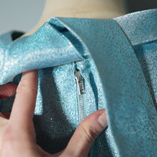 Load image into Gallery viewer, 60s ICE BLUE AND SILVER POLKA DOT METALLIC WIGGLE DRESS - XS