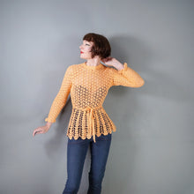 Load image into Gallery viewer, 70s PEACHY ORANGE HAND CROCHETED LACE SLEEVE TOP - S