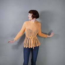 Load image into Gallery viewer, 70s PEACHY ORANGE HAND CROCHETED LACE SLEEVE TOP - S