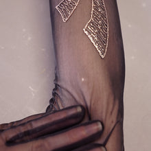 Load image into Gallery viewer, BLACK GOTHIC SHEER MESH EVENING OPERA GLOVES WITH SILVER BOW EMBROIDERY - 6