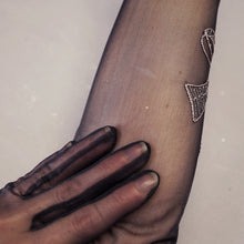 Load image into Gallery viewer, BLACK GOTHIC SHEER MESH EVENING OPERA GLOVES WITH SILVER BOW EMBROIDERY - 6