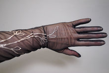 Load image into Gallery viewer, BLACK GOTHIC SHEER MESH EVENING OPERA GLOVES WITH SILVER BOW EMBROIDERY - 6