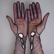 Load image into Gallery viewer, BLACK GOTHIC SHEER MESH EVENING OPERA GLOVES WITH SILVER BOW EMBROIDERY - 6
