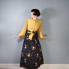 Load image into Gallery viewer, 70s BLACK AND YELLOW CELESTIAL STAR PRINT MAXI COTTON SKIRT - 34"