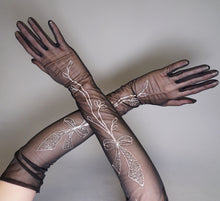 Load image into Gallery viewer, BLACK GOTHIC SHEER MESH EVENING OPERA GLOVES WITH SILVER BOW EMBROIDERY - 6