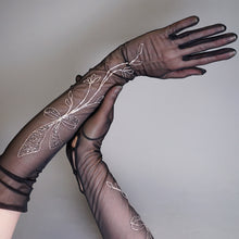 Load image into Gallery viewer, BLACK GOTHIC SHEER MESH EVENING OPERA GLOVES WITH SILVER BOW EMBROIDERY - 6