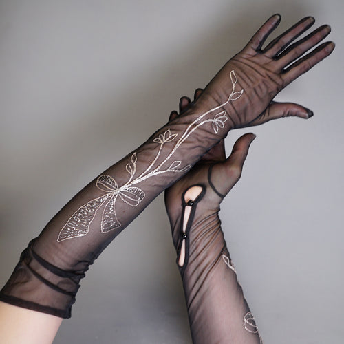 BLACK GOTHIC SHEER MESH EVENING OPERA GLOVES WITH SILVER BOW EMBROIDERY - 6