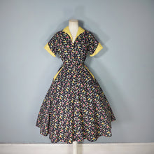 Load image into Gallery viewer, 50s NOVELTY BLACK DUCK PRINT FULL SKIRTED BELTED COTTON DRESS - M