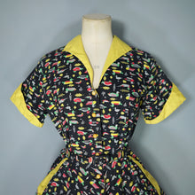 Load image into Gallery viewer, 50s NOVELTY BLACK DUCK PRINT FULL SKIRTED BELTED COTTON DRESS - M