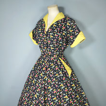 Load image into Gallery viewer, 50s NOVELTY BLACK DUCK PRINT FULL SKIRTED BELTED COTTON DRESS - M