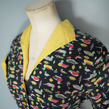 Load image into Gallery viewer, 50s NOVELTY BLACK DUCK PRINT FULL SKIRTED BELTED COTTON DRESS - M