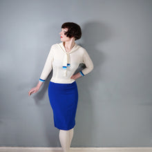 Load image into Gallery viewer, 60s ITALIAN PURE SOFT WOOL SAILOR KNIT WIGGLE DRESS IN BLUE AND CREAM - S-M